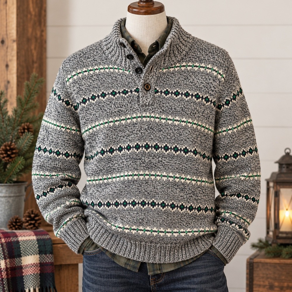 American Eagle Fair Isle Sweater Mens L Gray Mock Neck Cabincore Winter Heritage